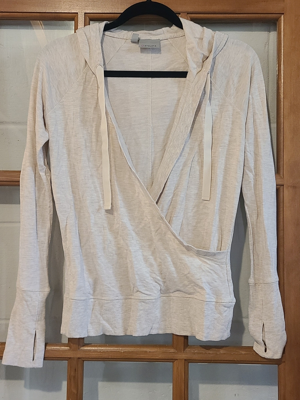ATHLETA _ Inner Twist Hoodie Draped Wrap Front Sweater Yoga Beige XS